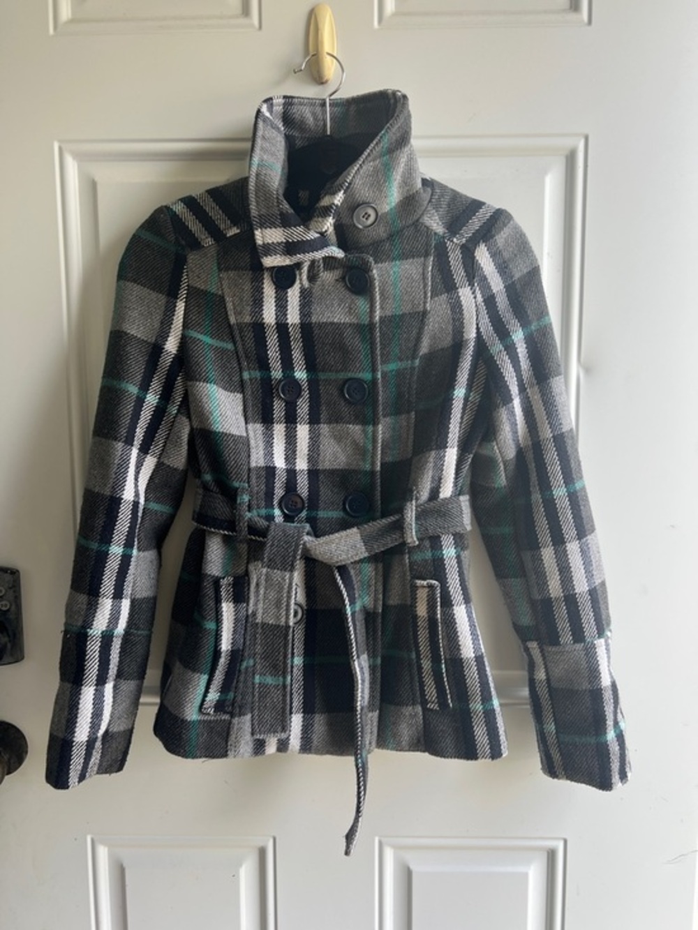 Y2K Wet Seal Black & Gray Plaid Double-Breasted Peacoat Teal Accents wool blend